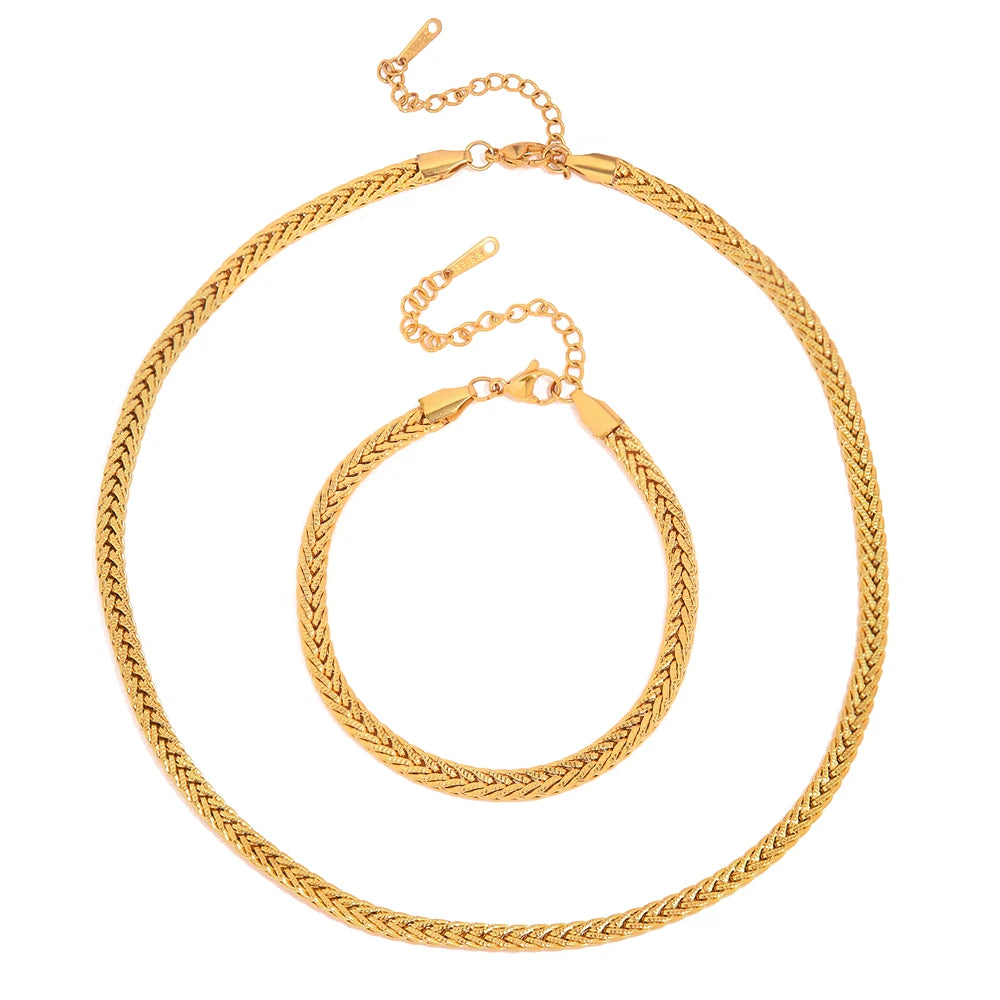 18K Gold Plated Stainless Steel Thick Bracelet Jewelry Set Minimalist 4.4mm Wide Waterproof Choker Necklace Set