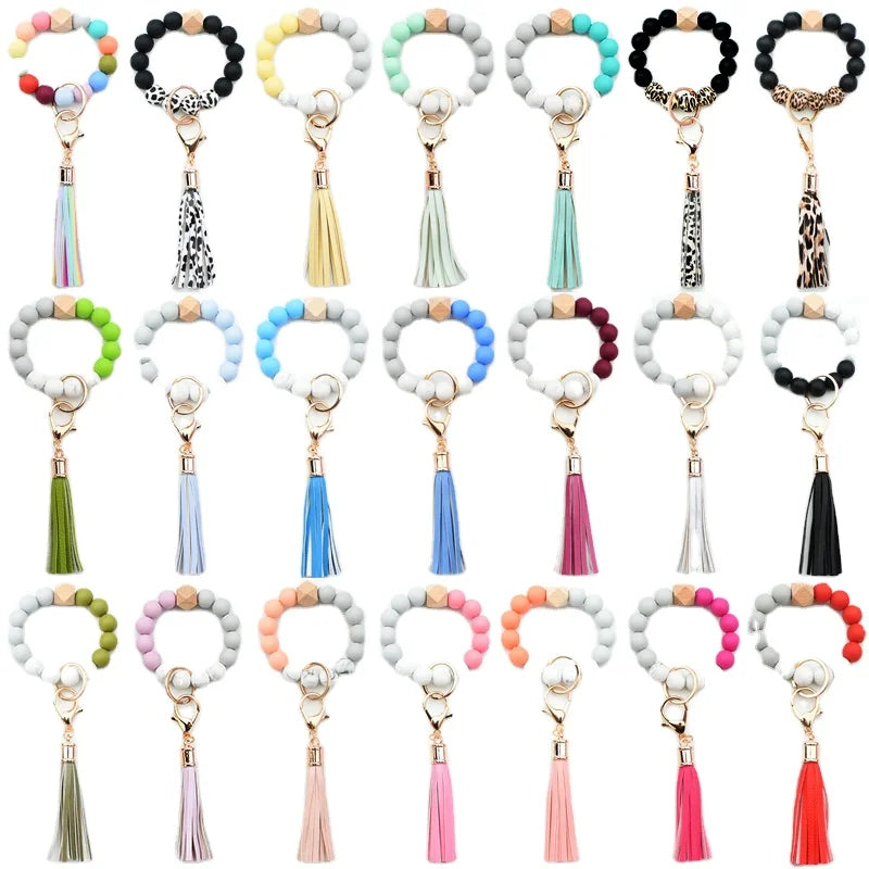 Silicone Beaded Wristlet Keychain with Tassel Beaded Bracelet Keychain