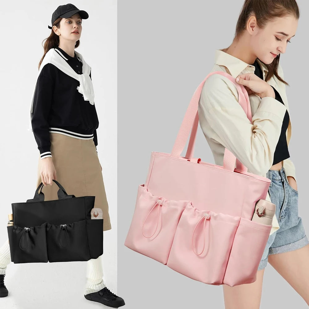 Black and Candy pink Women's Yoga Gym Leather Zipper Tote Bag for Women with Mat Holder and Front Side Pockets