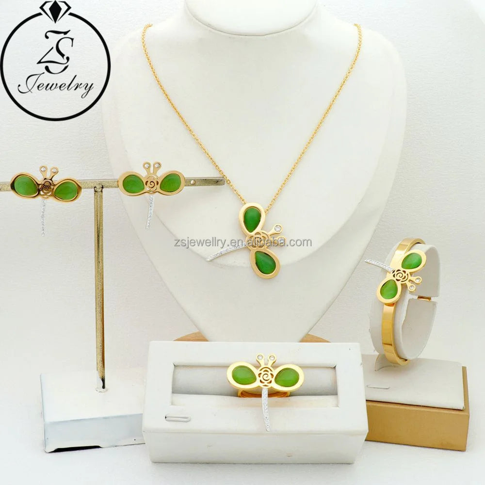 Gemstone Heavy Bridal Luxury Necklace Stainless Steel Saudi Dubai Gold Plated Women Jewelry Girl Gift Sets