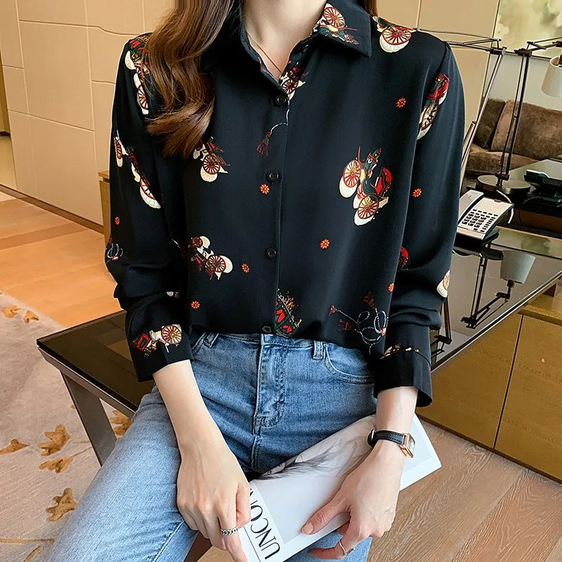 Casual Chiffon Shirt Floral Printed Long Sleeve Lapel Button-up Vintage Blouse Elegant Office Tops Flower Blusas