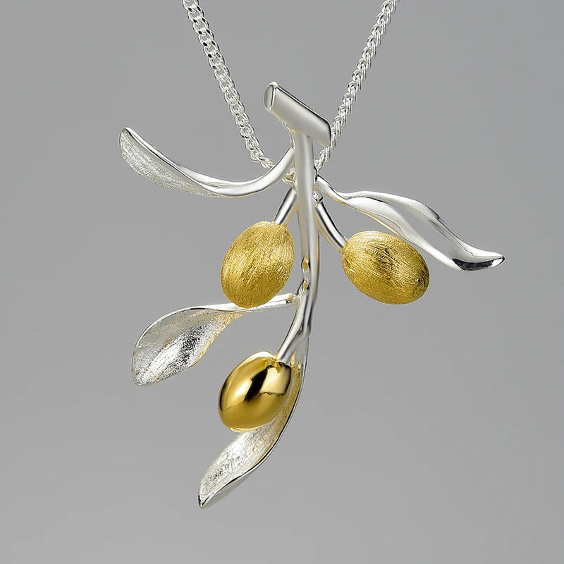 Lotus Fun Lotus Fun Wholesale High End Luxury Jewelry Olive Leaves Branch 925 Sterling Silver Fruit Pendant for Women Jewelry
