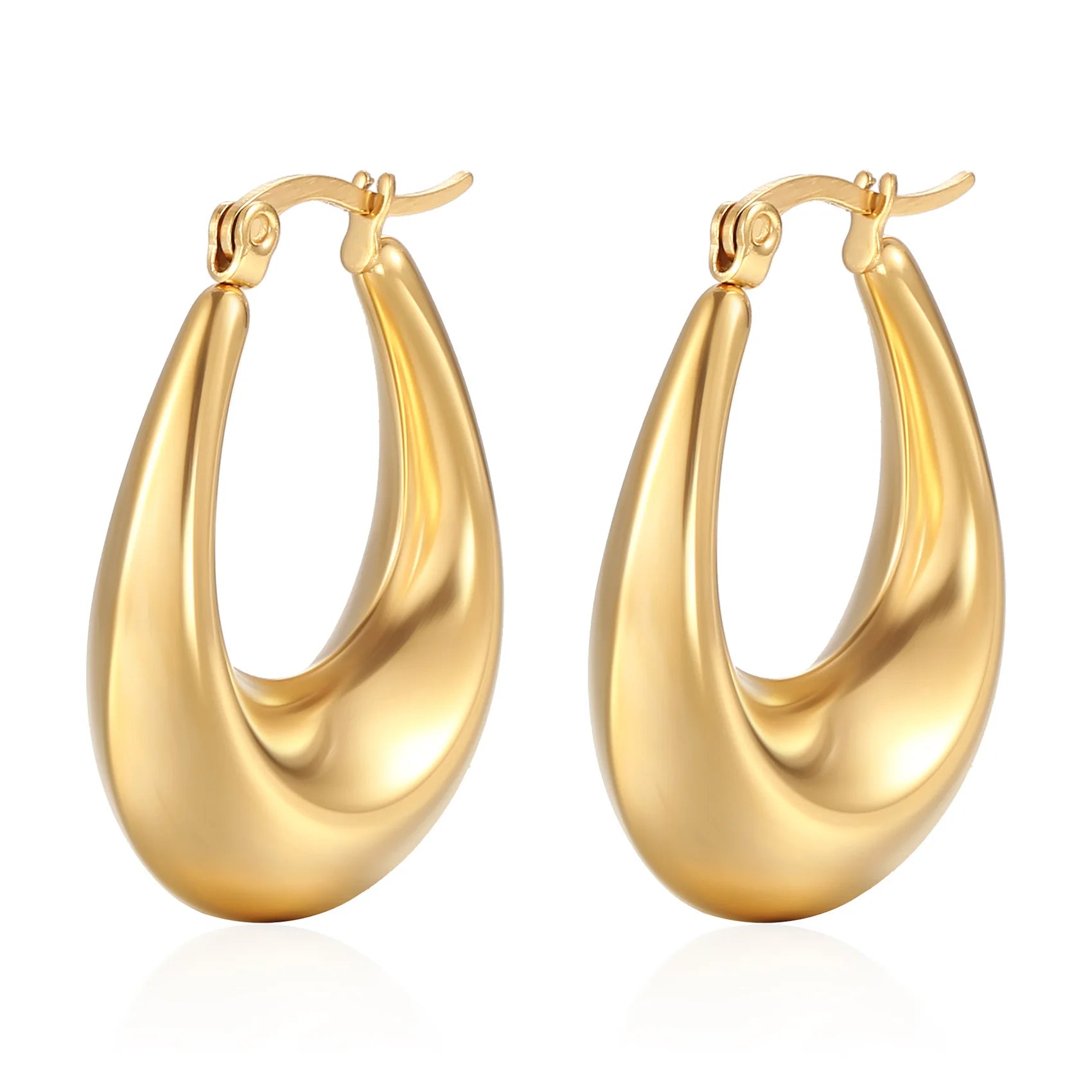 European and American Fashion New Stainless Steel 18K Gold Plated Hollow Oval Glossy U-Shaped Big Earrings Women Waterproof