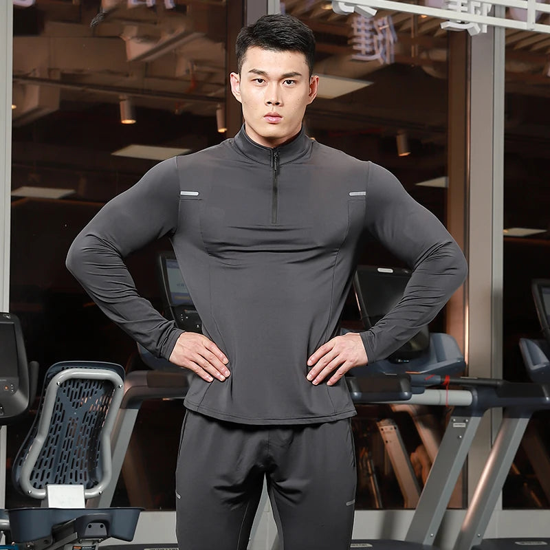 Men Sportswear Long Sleeve 1/4 Zip Shirts Running Fitness Set Training Clothes Jogging Exercise Gym Shirts Top MegaBDM