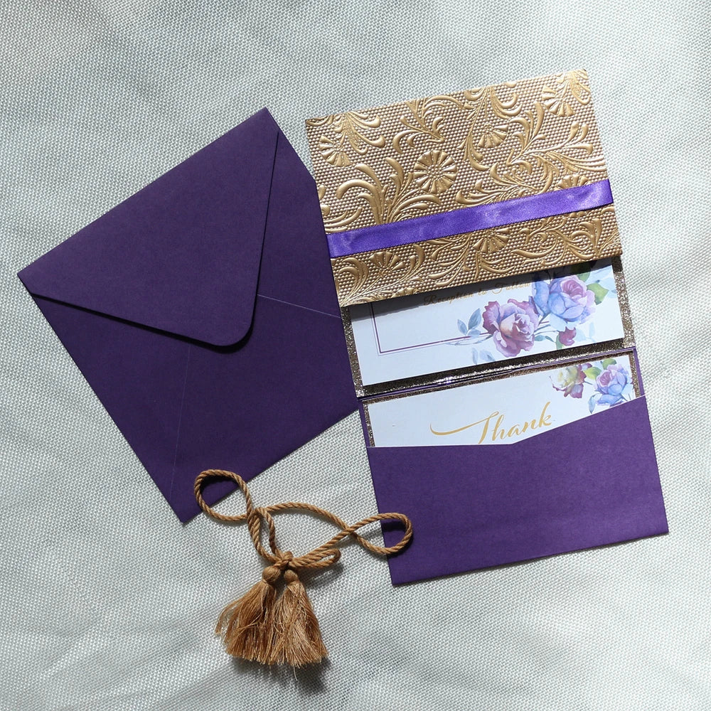 Luxury Embossing Royal Wedding Invitation Pocket Tri-Fold Muslim Card Printing Purple Flower with Tissue Decoration