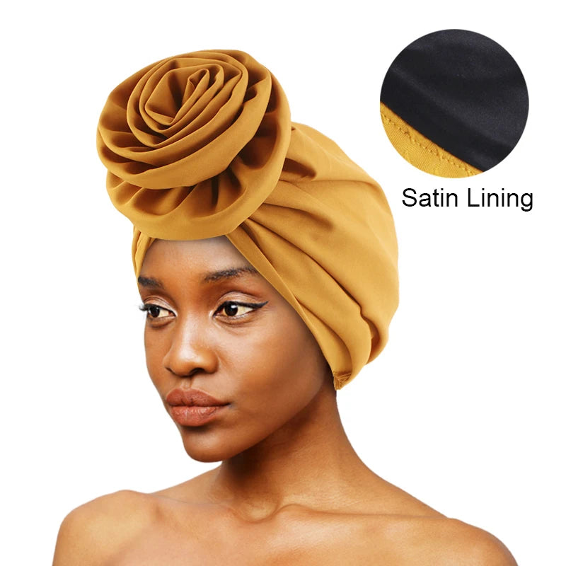 Double Layers Muslim Cancer Turban Hat Headscarf Satin Lined 3D Flower Turbans for Women
