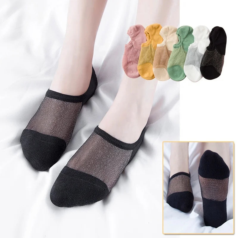 Wholesale Luxury Shiny Glitter Invisible Socks Summer Thin Non Slip No Show Sheer Socks for Women