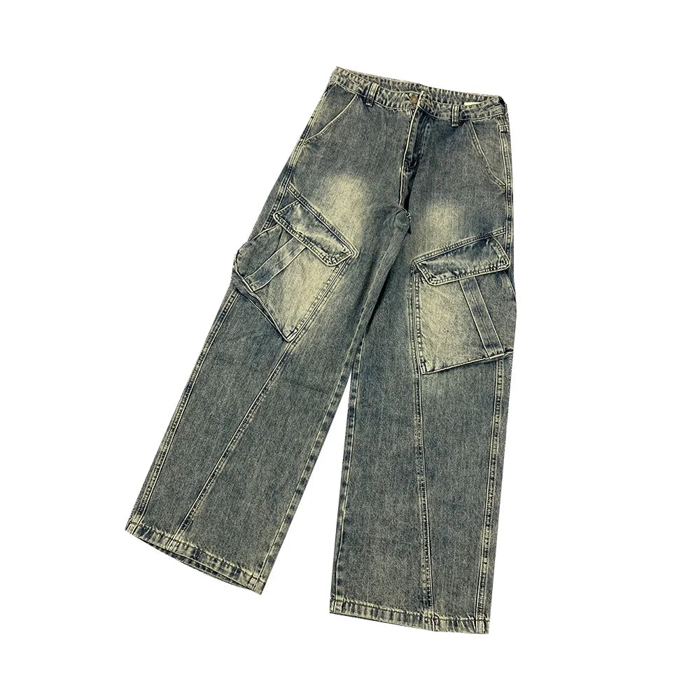 MC BUILD Vintage Loose Denim Trousers for Men Streetwear Baggy Cargo Jeans with Multiple Pockets Embroidery Y2K Casual Style