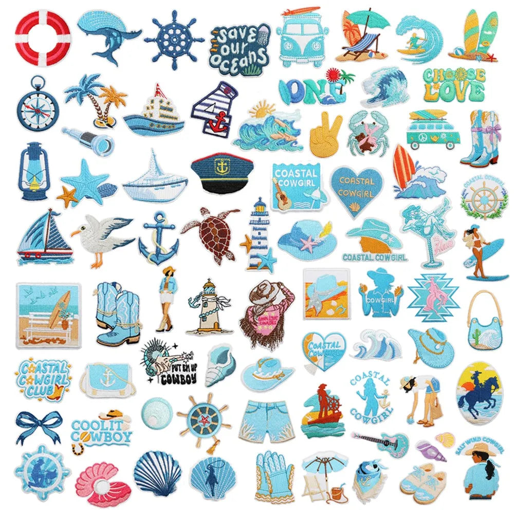 Hot Sale Summer Style Blue Ocean Voyage Sea Beach Surfing Theme Iron on Fabric Embroidery Patches for Clothes Bag Hat