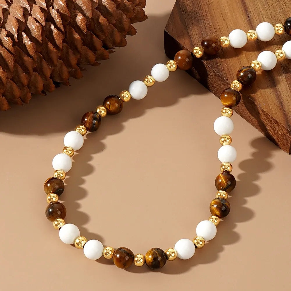 Semi-precious Gemstone Necklace Dainty Natural Tiger Eye Beaded Clavicle Necklace White Agate Luxury Buckle Jewelry for Women