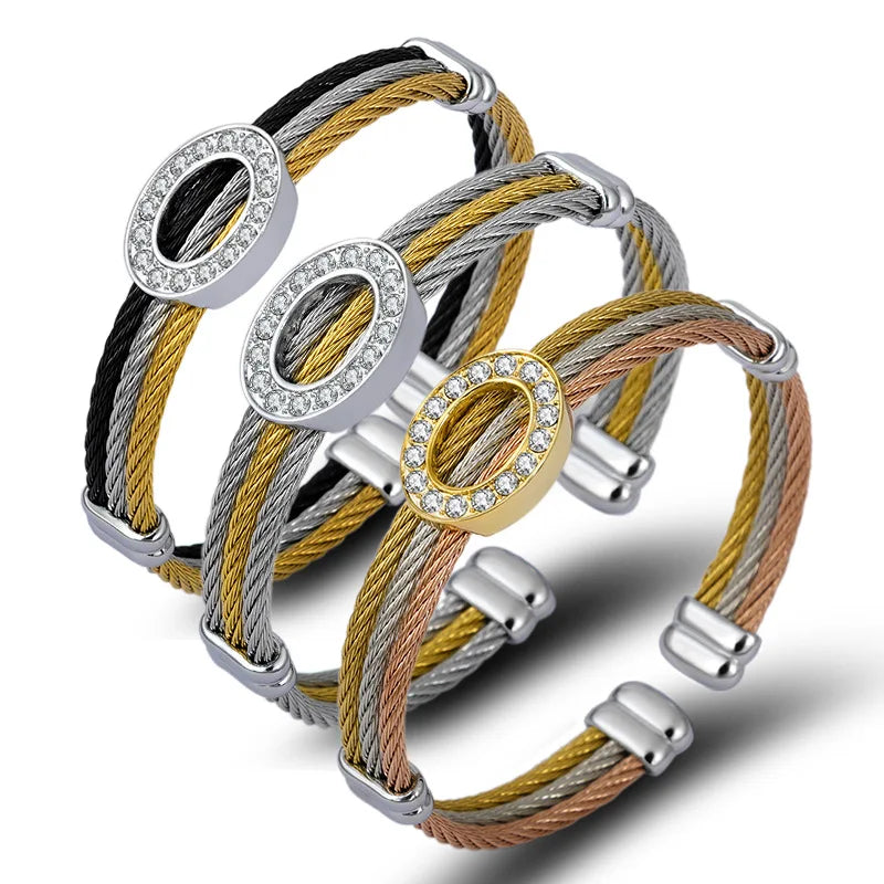 Popular Men Women Steel Wire Rope Bracelet Three-color Diamond Cuff Stainless Steel Bracelet Wristband