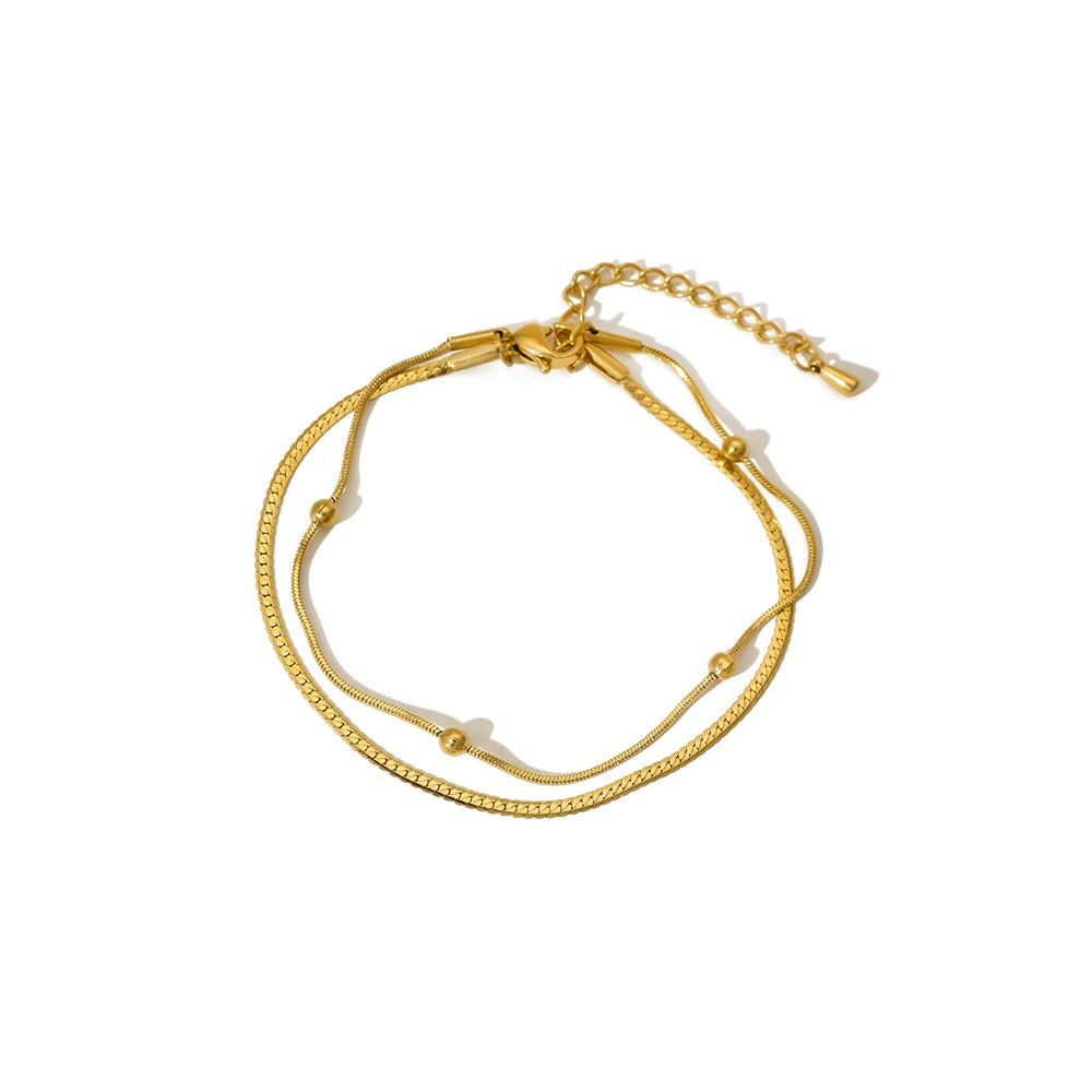 Minimalist Stainless Steel 18K Gold Plated Double Layers Herringbone Bead Bracelets Waterproof for Women