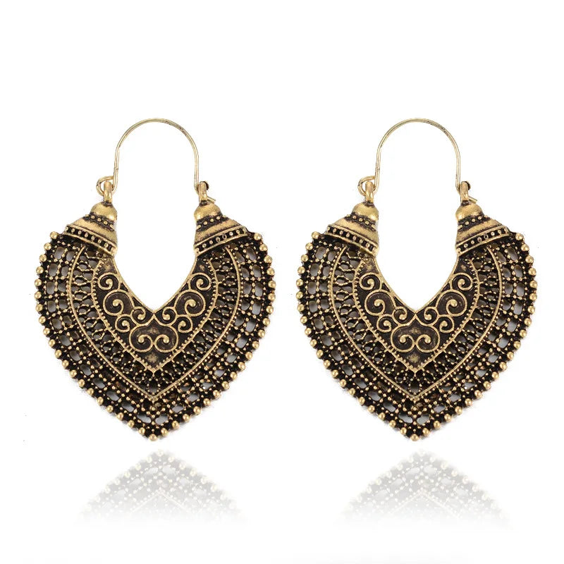 Vintage Boho Ethnic Hoop Drop Earrings Ancient Antique Bronze Gold Silver Carved Tribal Style Fashion Jewelry