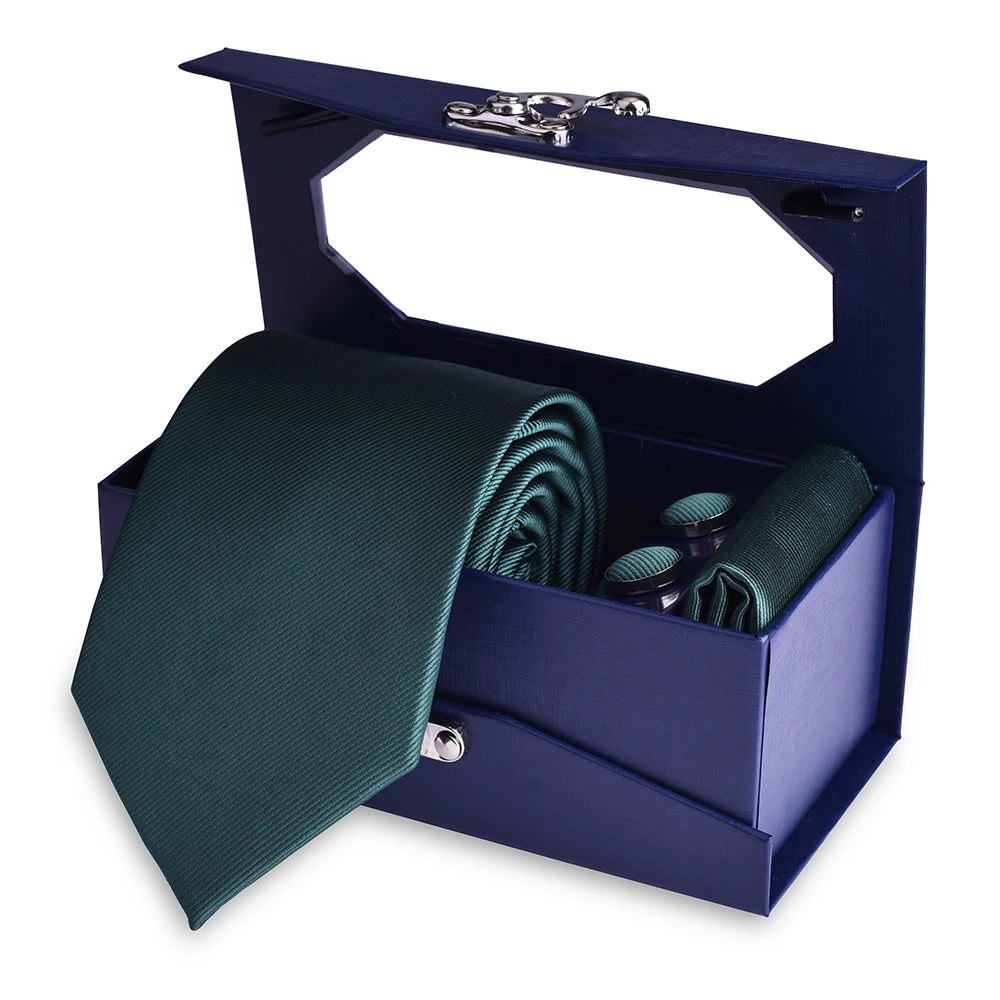 Wholesale Mens Quality Solid Color Tie Set Silk Necktie With Box Pocket Square Cufflinks Set for Wedding