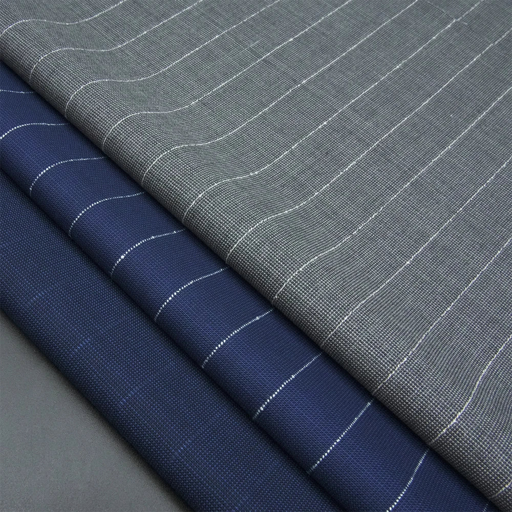 Fashion RTS Luxury Eco-Friendly Yarn Dyed Organic Woven Italian Suiting Worsted Merino Wool/Polyester Stripe Design Fabric Men