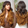 Synthetic Dark Brown Golden Long Wavy Wig with Bangs for Black Women Natural Wave Cosplay Daily Use Hair Wigs Heat Resistant