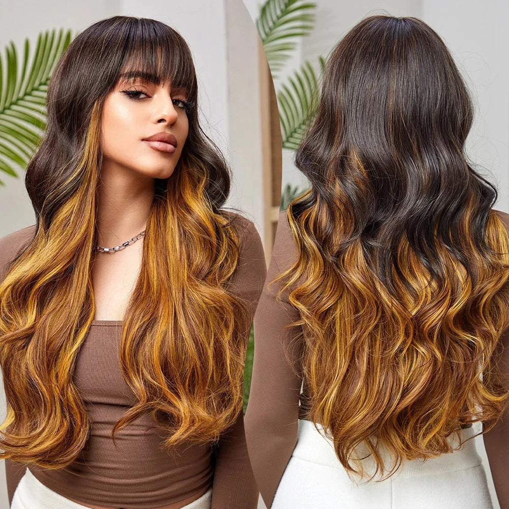 Synthetic Dark Brown Golden Long Wavy Wig with Bangs for Black Women Natural Wave Cosplay Daily Use Hair Wigs Heat Resistant