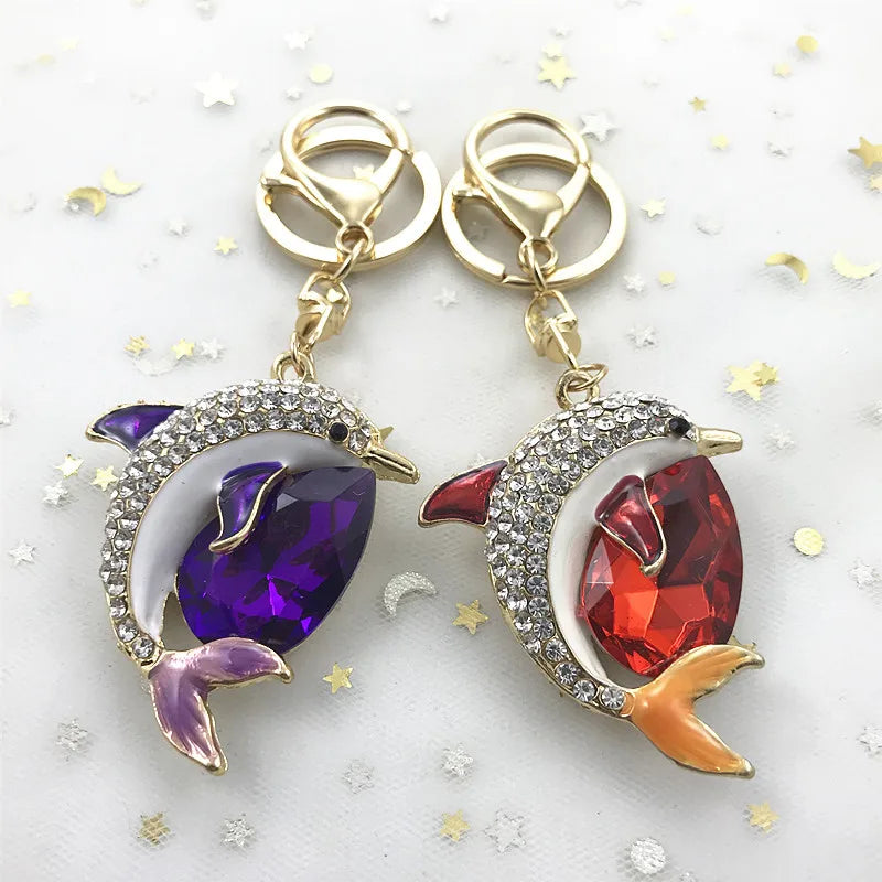 Factory Price Dolphin Gem Keychain Metal Key Ring School Supplies Car Bag Phone Accessories Key Chain Keyring