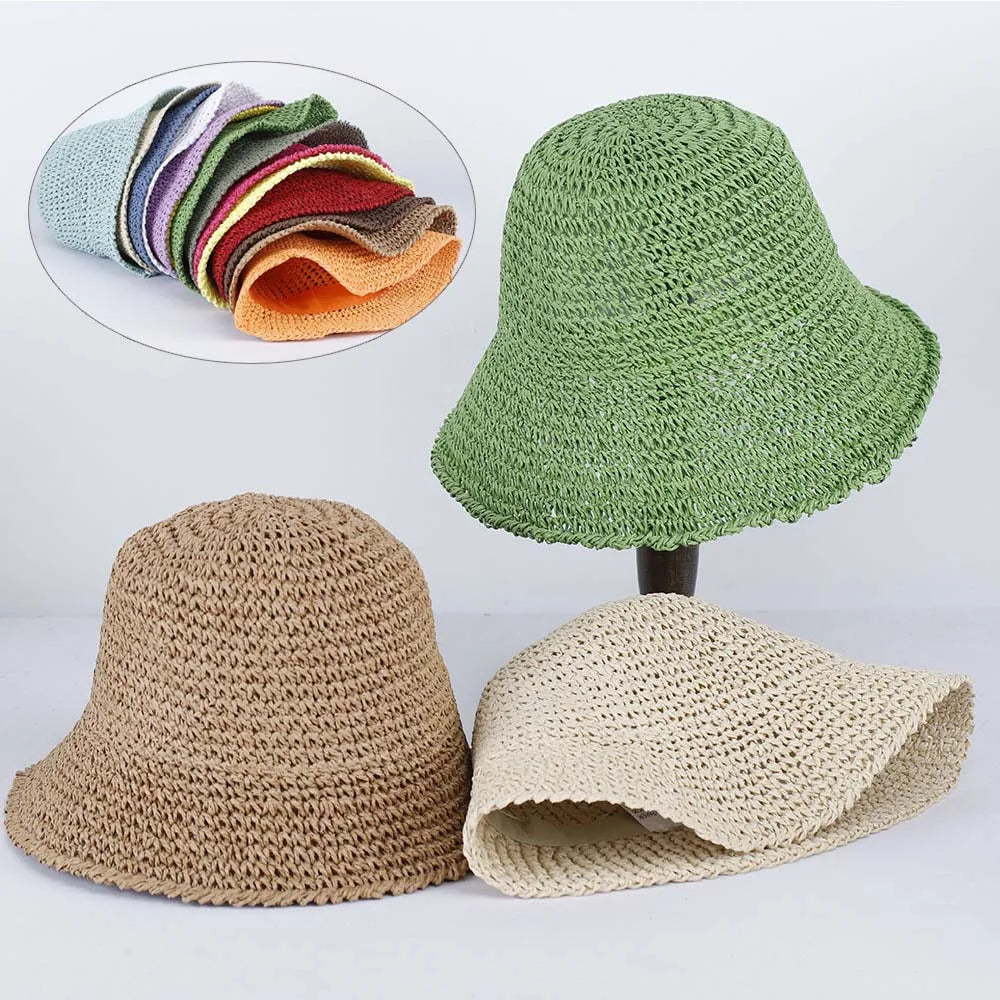 16 Color Japanese Handmade Crochet Knit Bucket Hat Solid Color Breathable Foldable Summer Beach Sun Straw Braided Hat for Ladies