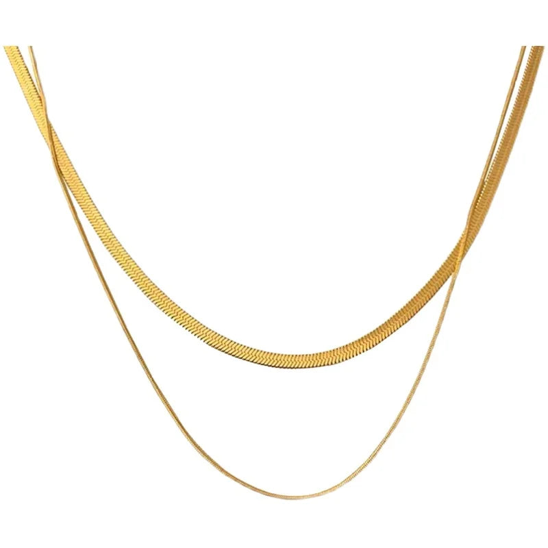 18K Gold Plated 3 Pcs/Set Flat Snakebone Layered Necklaces Wide Herringbone Necklaces for Women Vintage Stainless Steel Jewelry