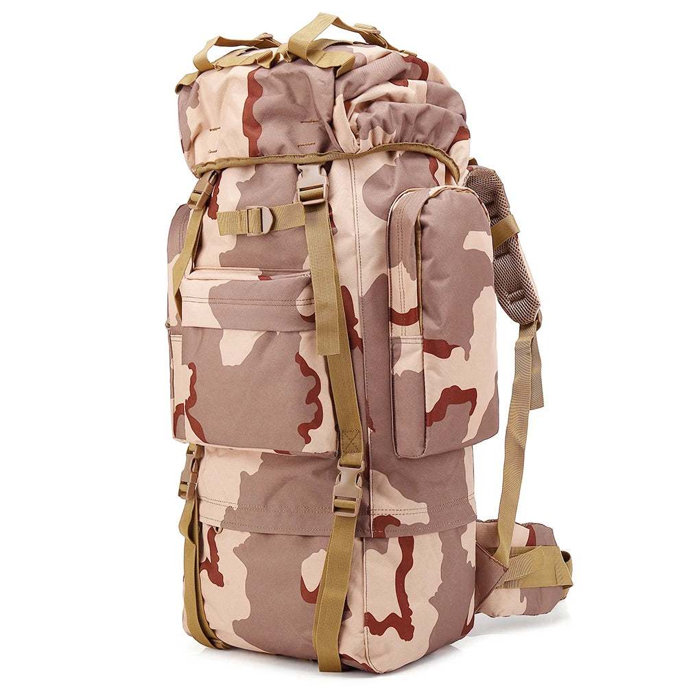 Camouflage Oxford Waterproof Tactical Backpack 60L/65L/80L Anti-Theft Zipper Outdoor Hiking Bag Large Capacity Polyester Lining