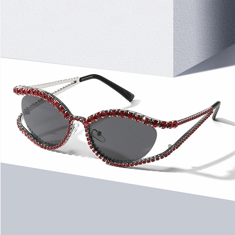 Y2K Women's Diamond Sunglasses Fashionable Metal Frame Cat Eye Sun Glasses