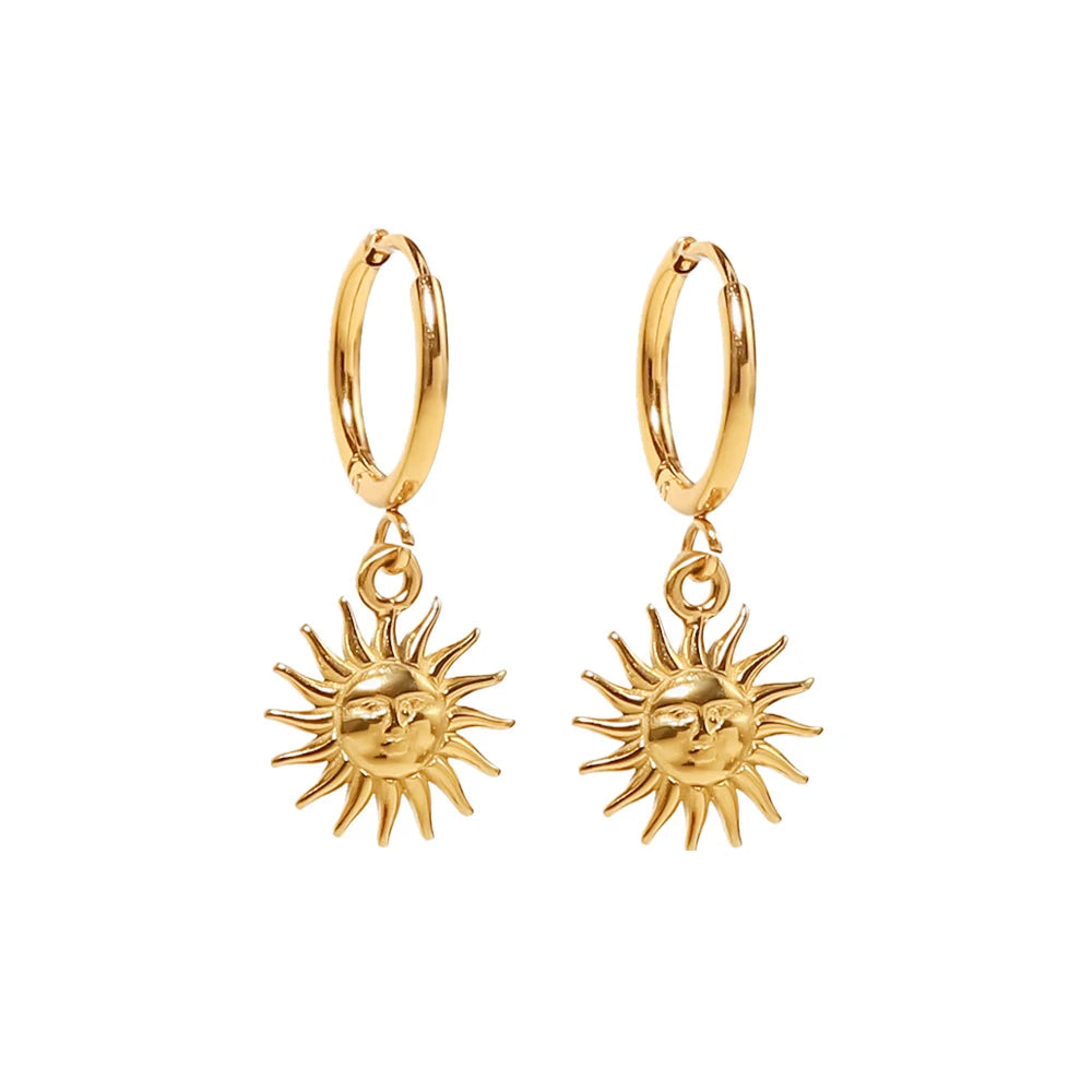N&S Retro Sun Pendant U-Shaped Hoop Earrings Trendy Drop Earrings Stainless Steel Fashion Jewelry for Women