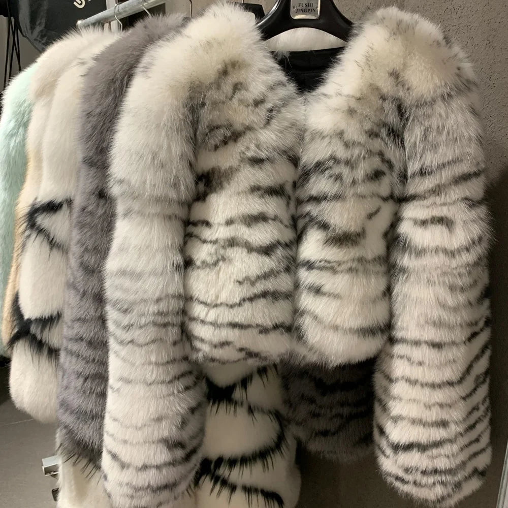 Real Fur Jacket Long Sleeve Ladies Real Fox Coat Women Natural Fur Cloth Zebra Print