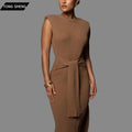 2026 Women Clothing Fall Winter High Neckline Padded Shoulders Women Sleeveless Turtle Neck Midi Rib Knit Sweater Dress
