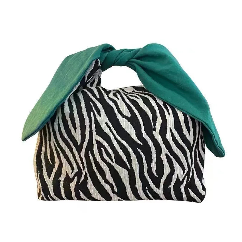 Fashion Design Zebra Pattern Bowknot Portable Cotton Canvas Lunch Cooler Bag Cute Bento Tote Bag