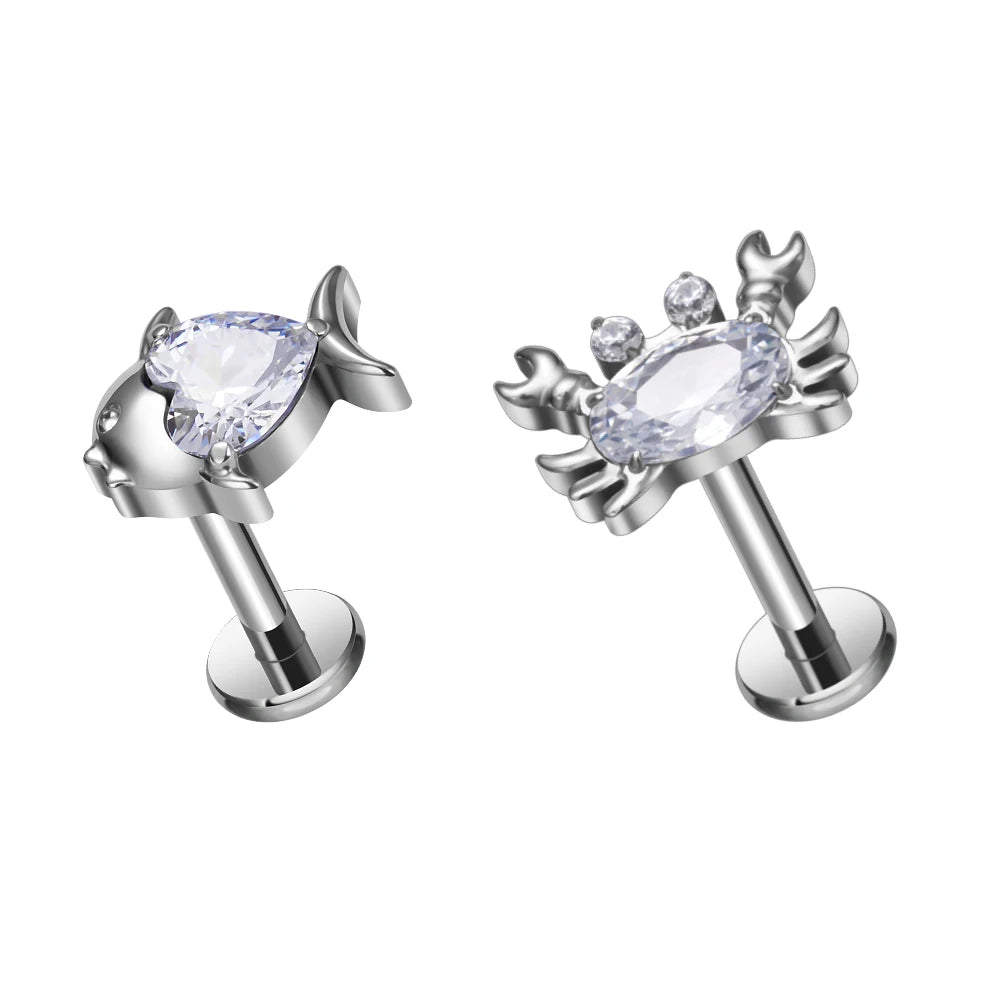 G23 Titanium 16G Internal Thread Crab Fish Shape CZ Inlay Earrings Ear Stud Tragus Cartilage Helix Women Body Piercing Jewelry