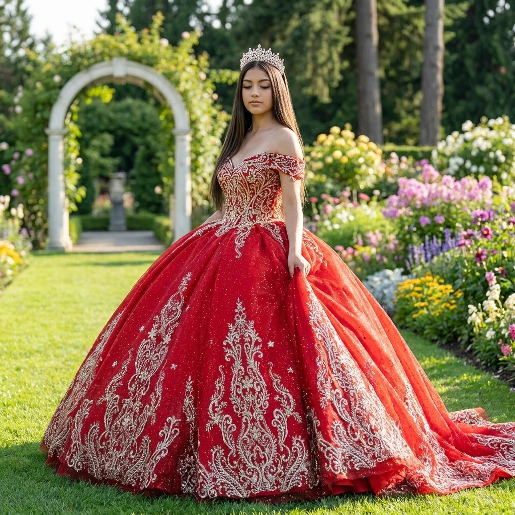 Luxury Red Ball Gown Quinceanera Dresses Gold Appliques Formal Prom Lace up Sweet 15 16 Dress Off the Shoulder 5833
