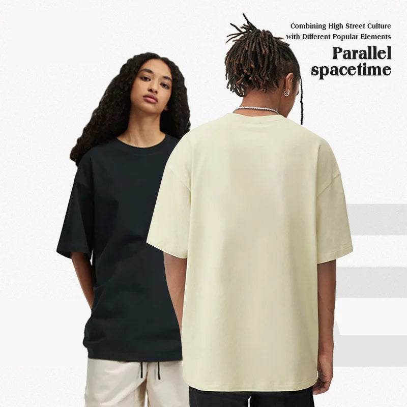 2025 Brand Fashion O-Neck Solid Shoulders Cartoon Man's 100% Cotton Oversize Top 260G Heavy Earth Color Embroidered Short Sleeve