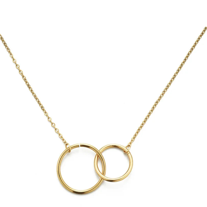 2020 New Gold Plated Stainless Steel Engagement Party Simple Seamless Glossy Double Circle Double Ring Pendant Necklace