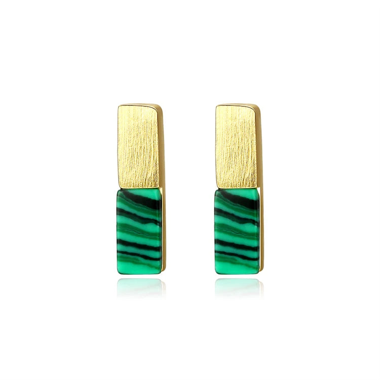 Minimalist Jewelry 925 Sterling Silver Women Simple 18k Gold Plated Rectangle Malachite Stud Earrings