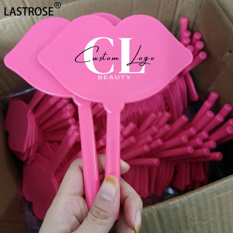 Wholesale Mini Lip Shape Pink Mirror 7 Colors Handle Cosmetic Mirrors Private Label Lip Makeup Mirror