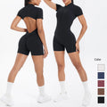 Women's Fitness Yoga Jumpsuit Hollow Back Short Sleeve Zip with Built-In Chest Pad Peach Shaped Butt Design Sports Bodysuit