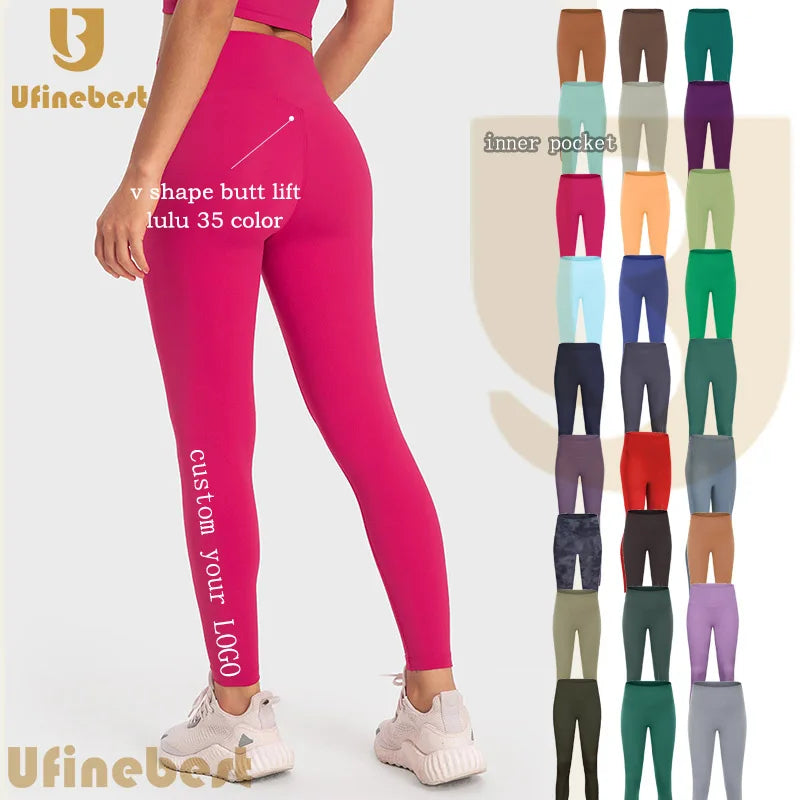 Custom Logo Athletic High Waisted Inside Pocket Butt Lift Tights Yoga Pants Gym Women Fitness Leggings