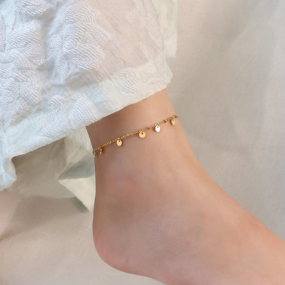 Wholesale Fashion Beach Disc Dangles 18k Gold Plated Ladies Stainless Steel Anklet Jewelry