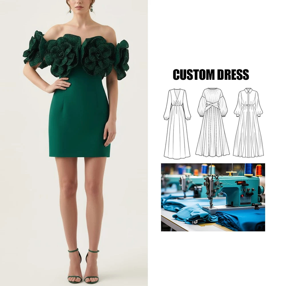Brand Custom European American Elegant Tube Top Pure Color A-Line Dress Stereo Flower Waist Slimming Mini Dress