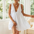 Hot Selling Women Solid Color Irregular Drawstring Dress for Beach Summer Robe Female Plunge Neck a Line Dress