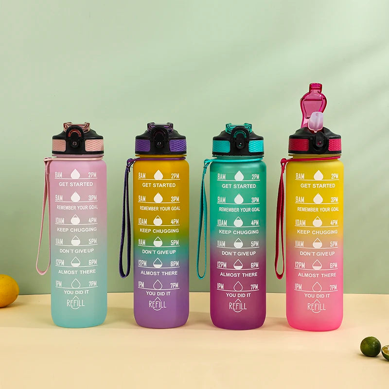 1000ml BPA Free Tritan Gradient Time Marked Outdoor Gym Sports Water Bottle 1L Water Bottle With Straw