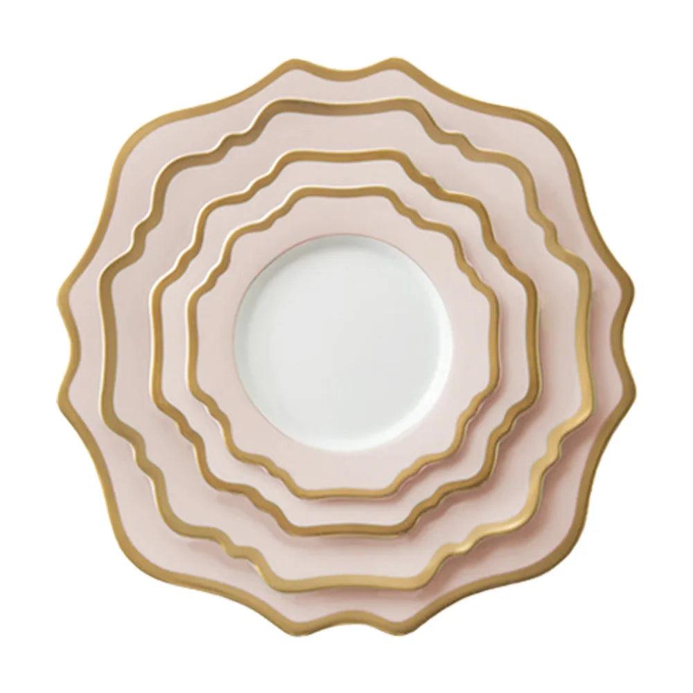 Romantic Eco-Friendly Gold Edge Ceramic Charger Dinner Plate Set Girly Pink Sunflower for Wedding Birthday Party or Hotel Use