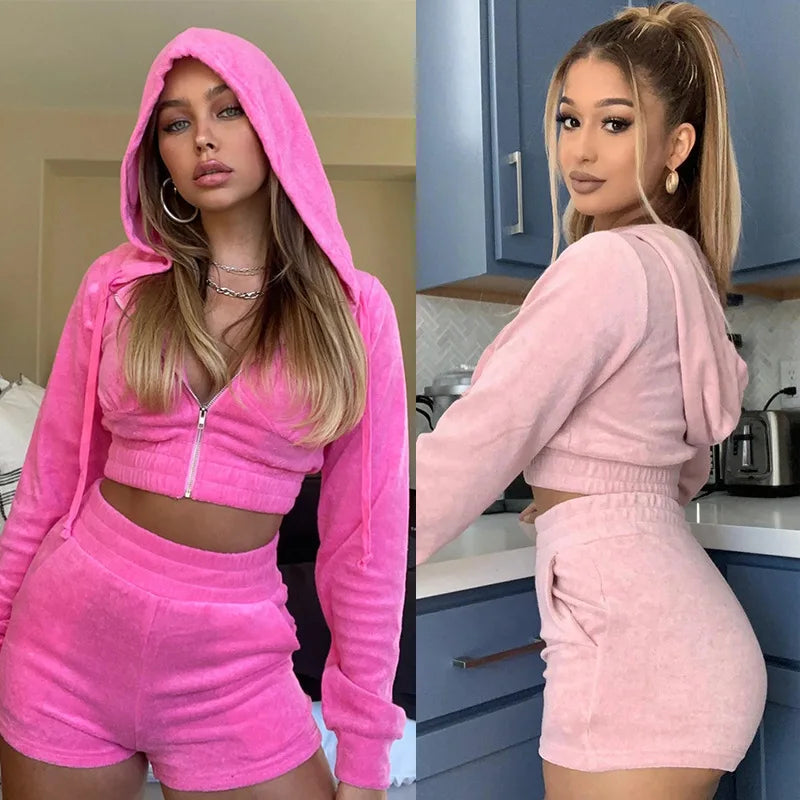 Trending Products 2025 New Arrivals Velour Tracksuits Velvet Crop Hoodies and Short Sets for Women Two Pieces