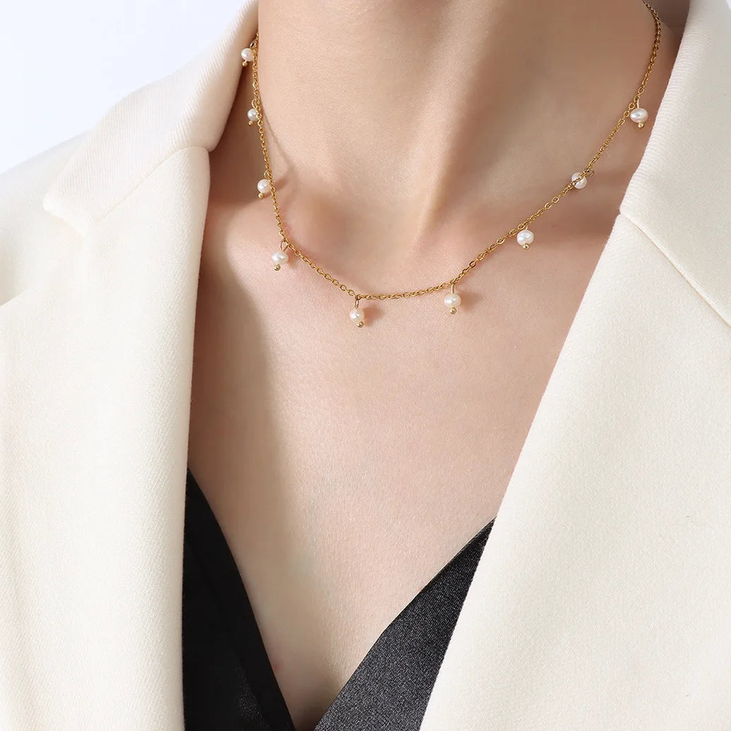 Wholesale Link Chain 18K Real Gold Plated Waterproof Titanium Steel Women Choker Freshwater Baroque Pearl Necklaces Jewelry