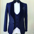 2025 New Arrival Navy Blue Formal Jacquard Men Suits Wedding Fashion Tuxedos Velvet Shawl Lapel Groom Business Suits Blazer Sets