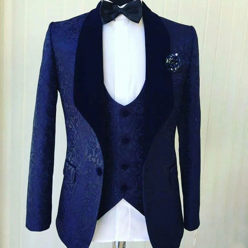 2025 New Arrival Navy Blue Formal Jacquard Men Suits Wedding Fashion Tuxedos Velvet Shawl Lapel Groom Business Suits Blazer Sets