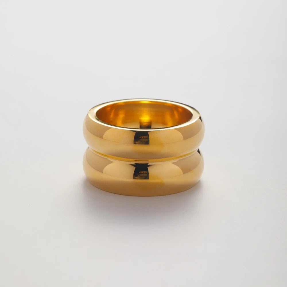 Fashion Waterproof Jewelry Minimalist Smooth Double Layer Finger Ring 18k Gold Plated Stainless Steel Smooth Chunky Ring YF2646
