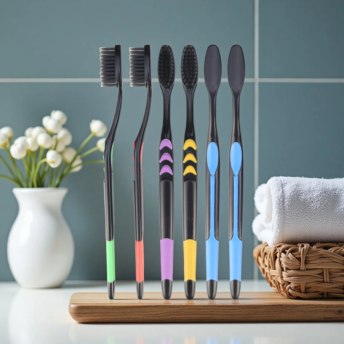 Soft Charcoal Bristles Plastic Toothbrush Tapered PBT Filaments in Blister Card 10pcs for Sale Package MegaBDM