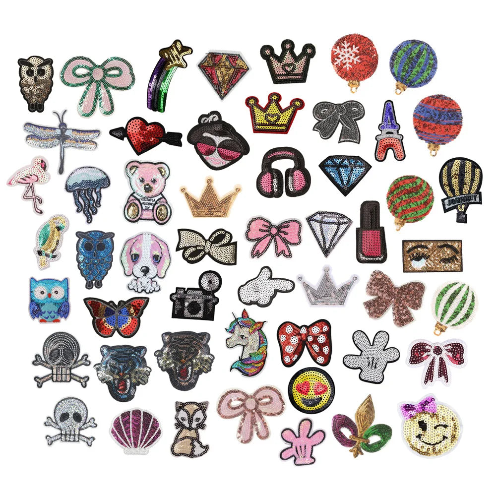 Hot Sale Lovely Custom Crown Bowknot Diamond Balloon Animal Design Iron on Sequin Patches for Decoration